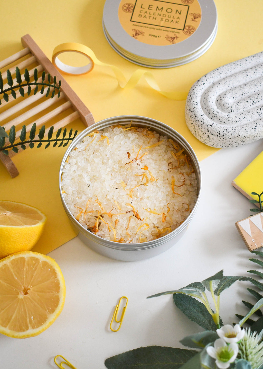 Lemon Calendula Bath Soak | Natural Mineral Bath Salts Tin UK