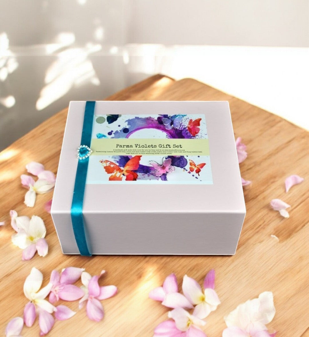 Parma Violets Handmade Bath and Beauty Gift Set Containing Bath Fluff, Jumbo Shea Bath Bomb, Body Butter and Bath Dust
