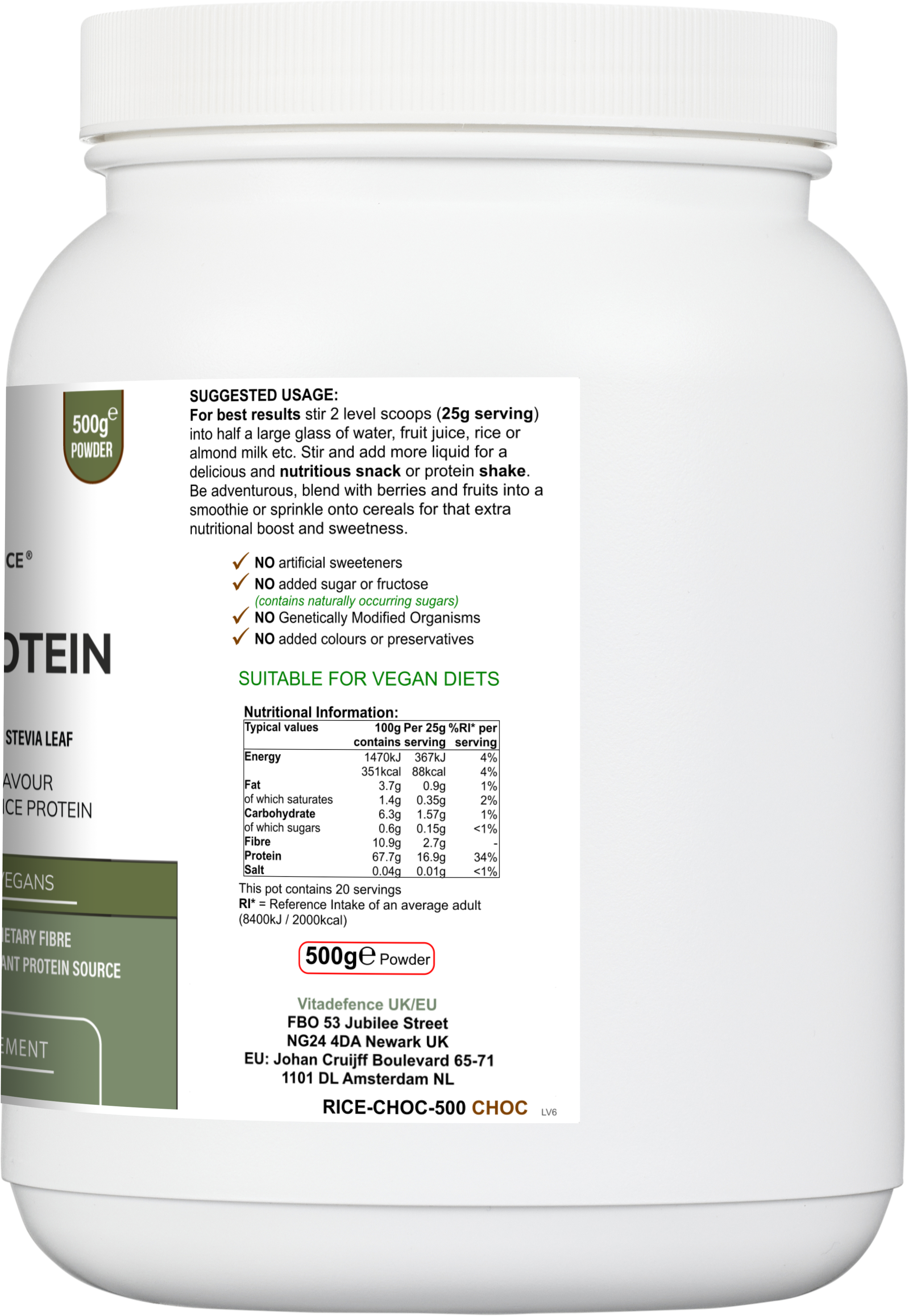 Rice Protein Multi | Chocolate Flavour Powder with Green Tea & Guarana – 500 g